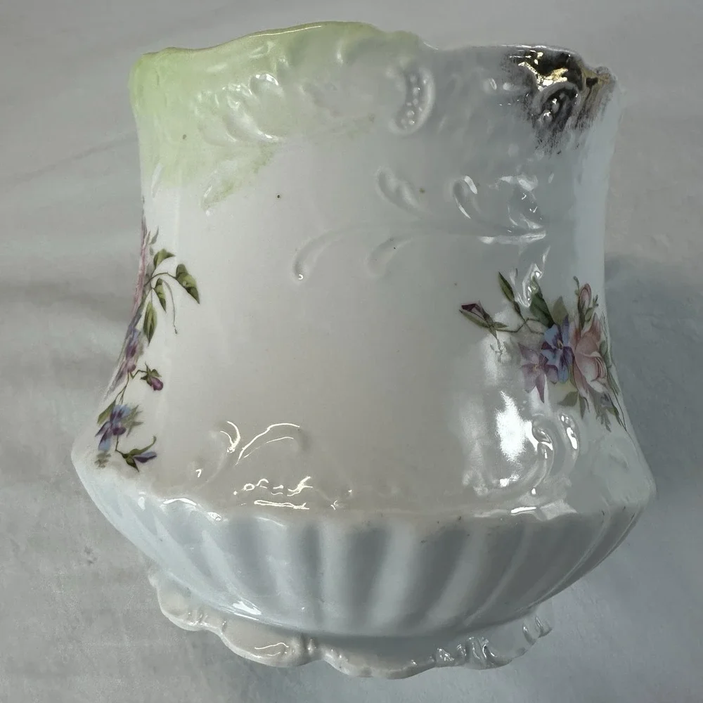 Antique Victorian Porcelain Biscuit Jar - Pink Roses & Violets - Green Ombre